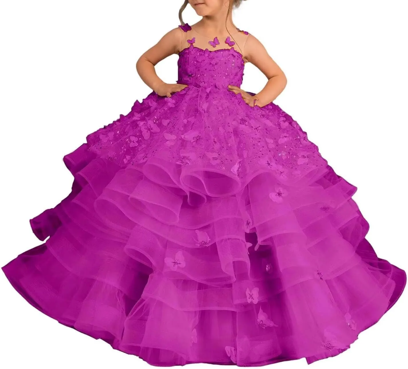 Flower Girl Dress Tulle Butterfly Appliques Pageant Dress for Girls Ruffle Layered Ball Gown First Communion Dress