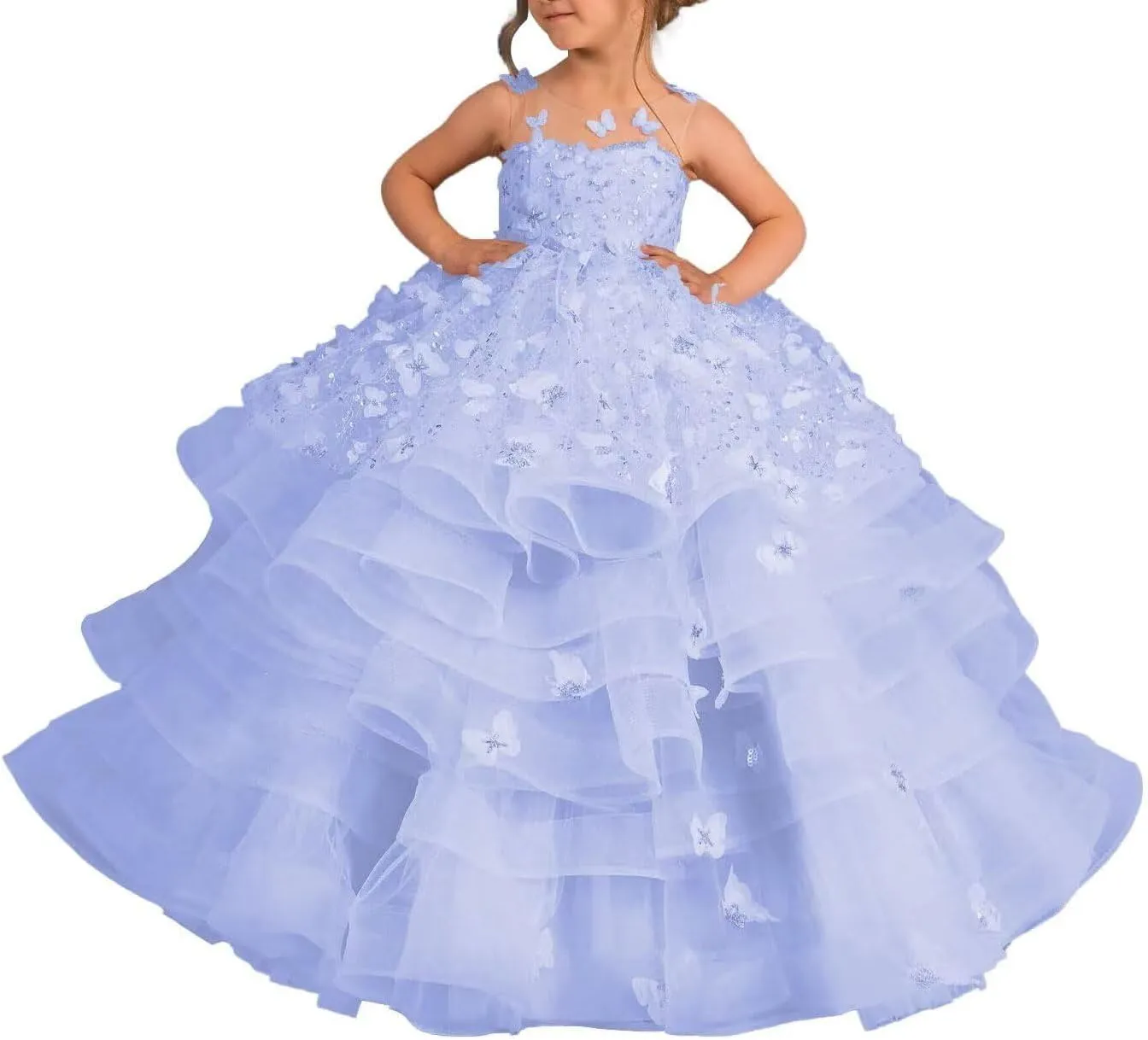Flower Girl Dress Tulle Butterfly Appliques Pageant Dress for Girls Ruffle Layered Ball Gown First Communion Dress