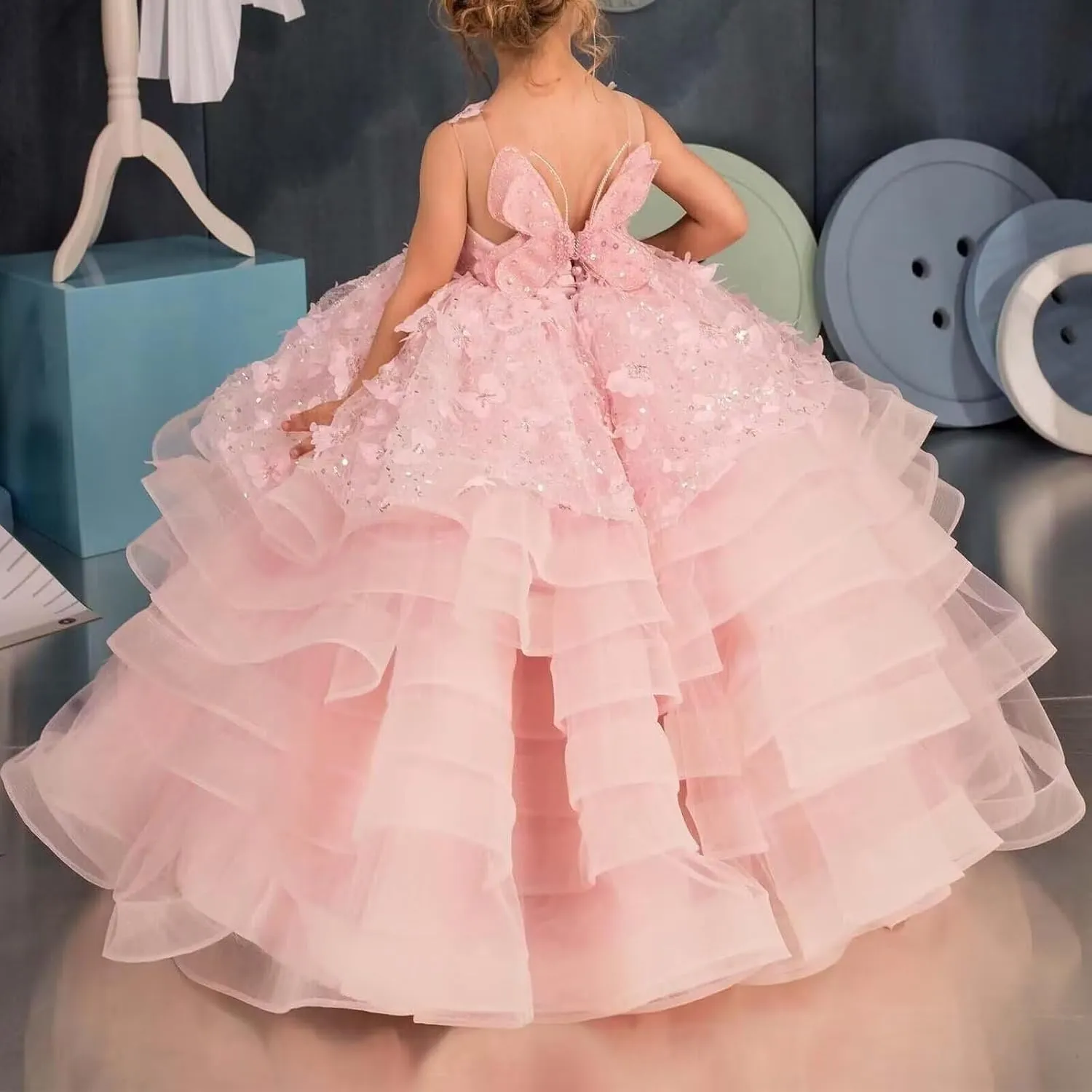 Flower Girl Dress Tulle Butterfly Appliques Pageant Dress for Girls Ruffle Layered Ball Gown First Communion Dress