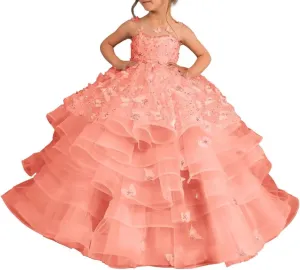 Flower Girl Dress Tulle Butterfly Appliques Pageant Dress for Girls Ruffle Layered Ball Gown First Communion Dress