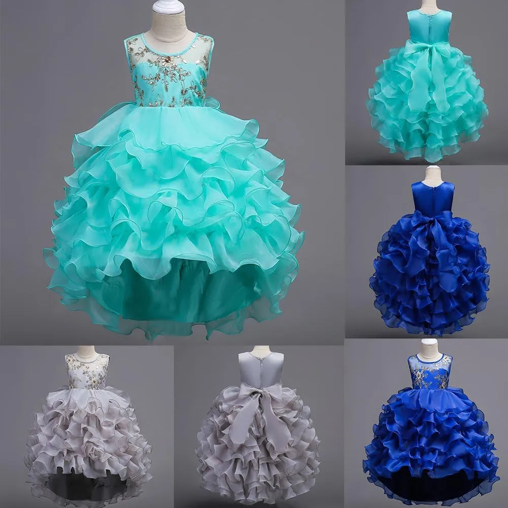 Flower Girl Princess Tutu Dress Wedding Bridesmaid Vintage Ruffle Lace Pageant Party Formal Trailing Communion Gown