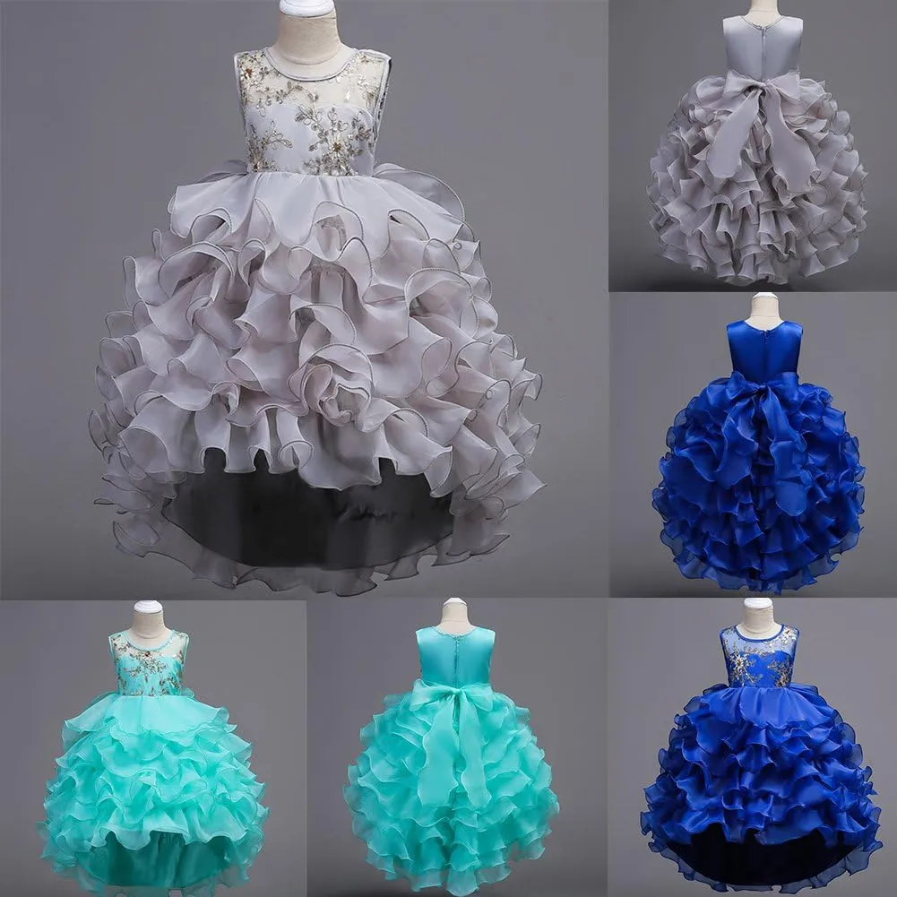 Flower Girl Princess Tutu Dress Wedding Bridesmaid Vintage Ruffle Lace Pageant Party Formal Trailing Communion Gown