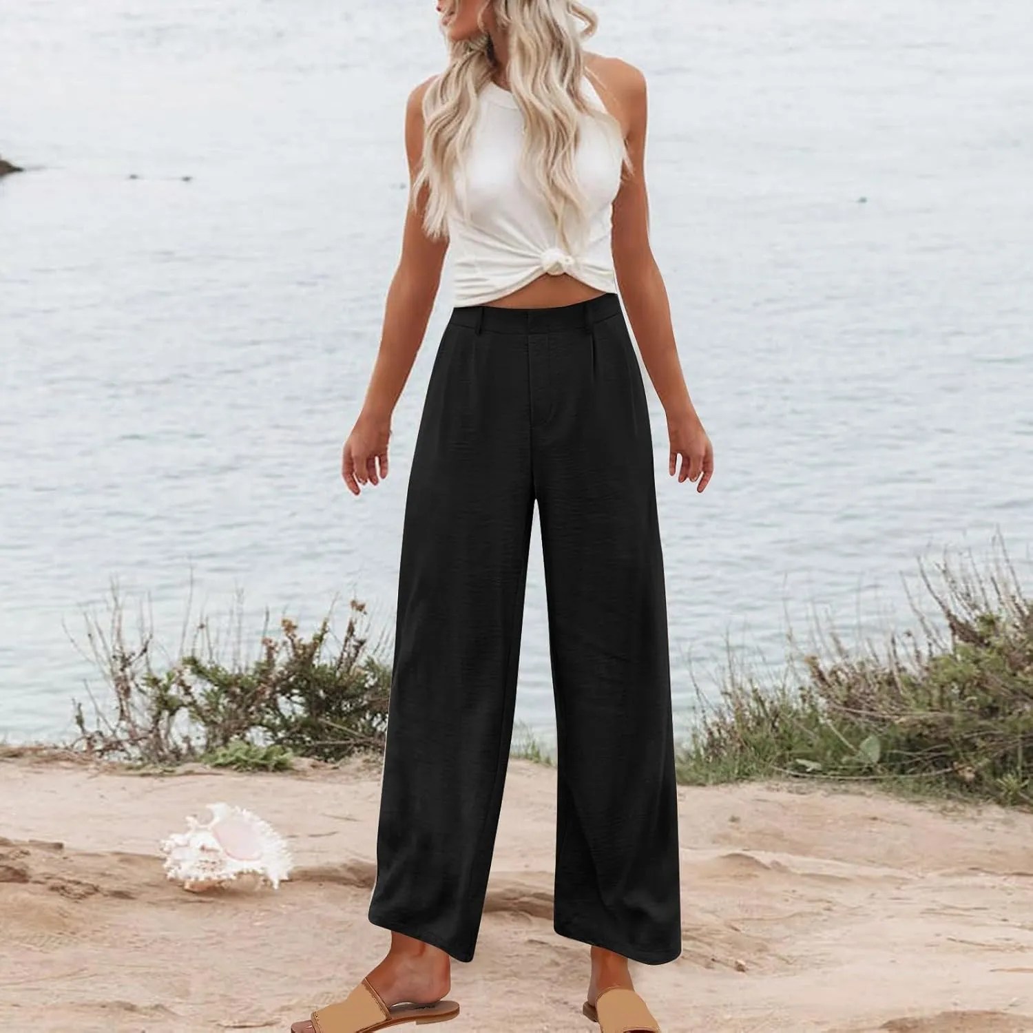 Flowy Pants for Women Wide Leg Casual Pants Comfy Linen Pants Loose Summer Pants Dressy Palazzo Pants Trousers