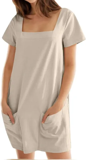 FZYLQY Women's Casual Dresses Summer Square Neck Short Sleeve Shift Dress Mini Dresses with Pockets Solid Color Trendy Dress