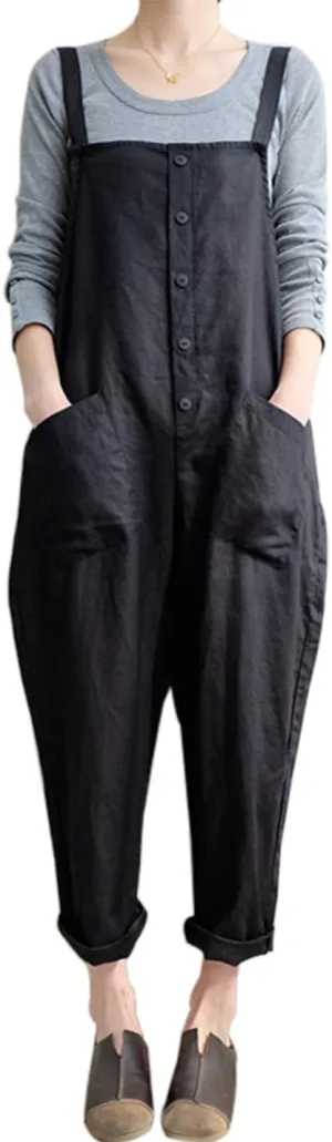 Gihuo Women's Baggy Loose Cotton Linen Bib Overalls Jumpsuits