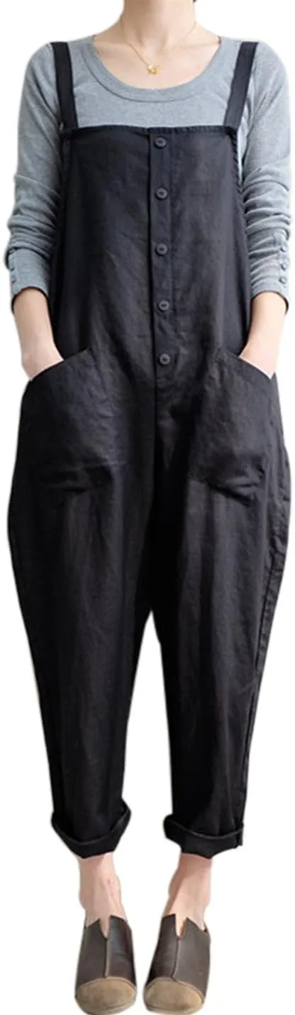 Gihuo Women's Baggy Loose Cotton Linen Bib Overalls Jumpsuits