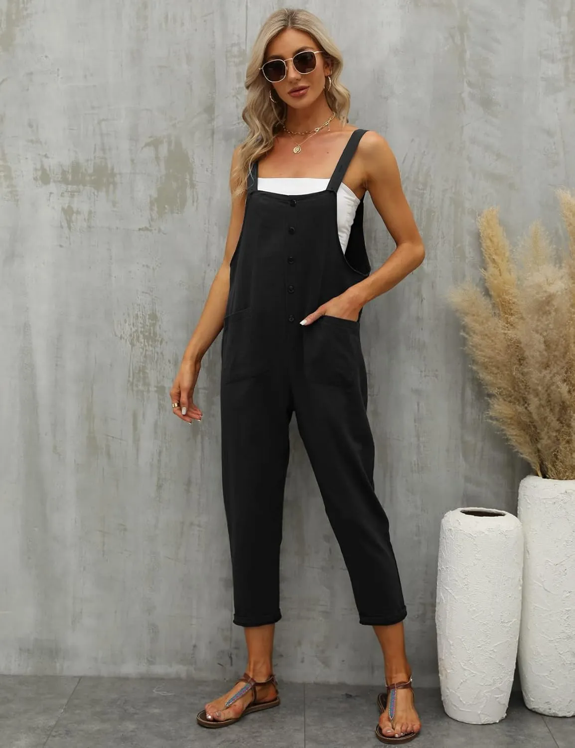 Gihuo Women's Baggy Loose Cotton Linen Bib Overalls Jumpsuits