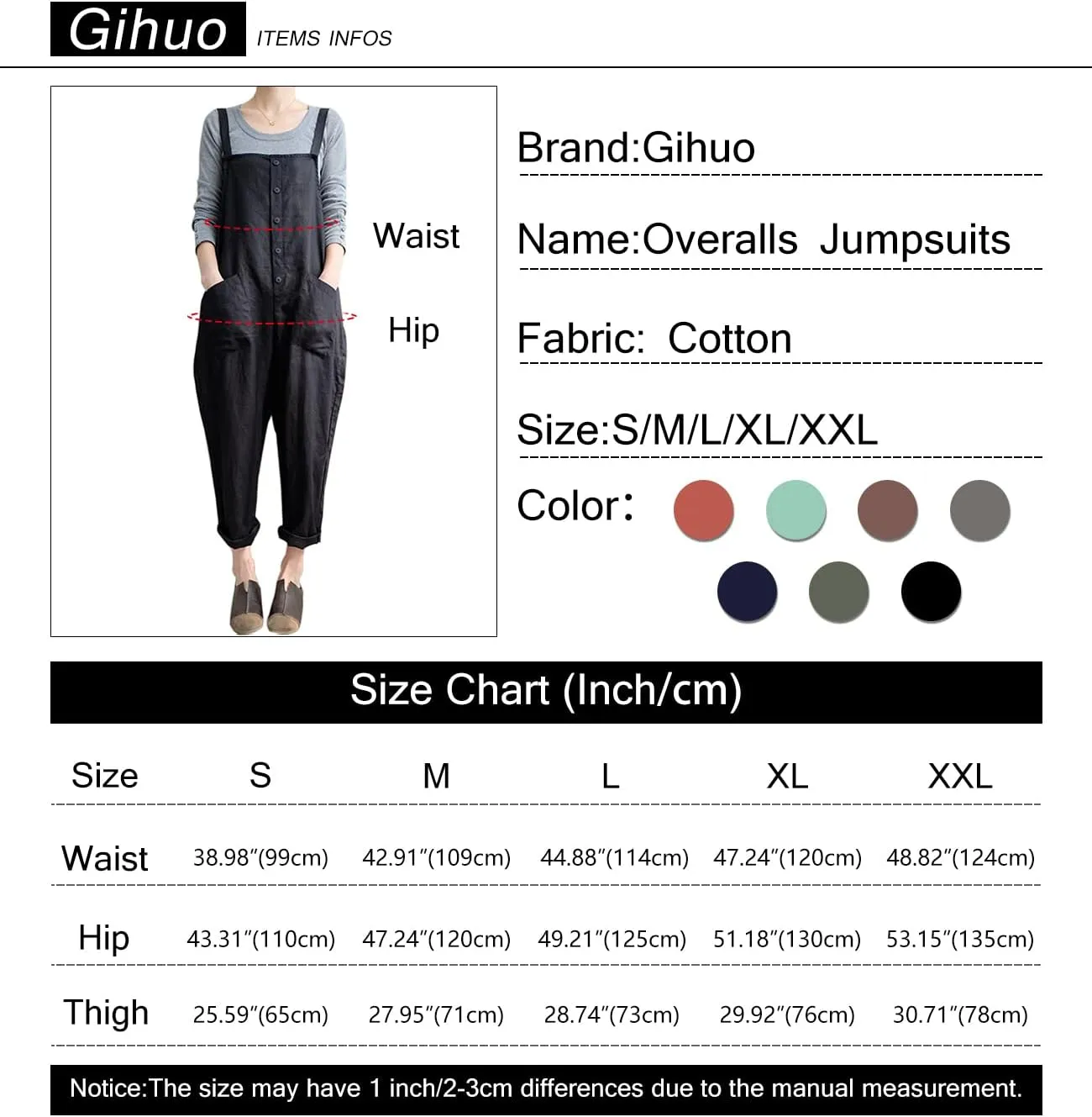 Gihuo Women's Baggy Loose Cotton Linen Bib Overalls Jumpsuits