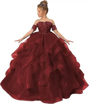 Girl’s Off Shoulder Flower Girl Dress for Wedding Beaded Princess Pageant Dresses Tulle Ruffles Ball Gowns for Girls