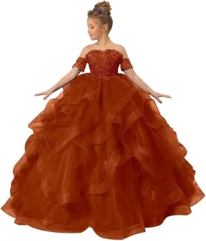 Girl’s Off Shoulder Flower Girl Dress for Wedding Beaded Princess Pageant Dresses Tulle Ruffles Ball Gowns for Girls