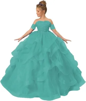Girl’s Off Shoulder Flower Girl Dress for Wedding Beaded Princess Pageant Dresses Tulle Ruffles Ball Gowns for Girls