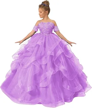 Girl’s Off Shoulder Flower Girl Dress for Wedding Beaded Princess Pageant Dresses Tulle Ruffles Ball Gowns for Girls