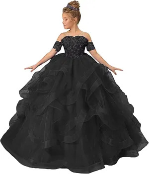 Girl’s Off Shoulder Flower Girl Dress for Wedding Beaded Princess Pageant Dresses Tulle Ruffles Ball Gowns for Girls