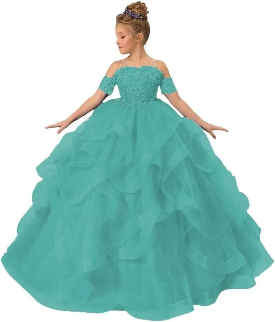 Girl’s Off Shoulder Flower Girl Dress for Wedding Beaded Princess Pageant Dresses Tulle Ruffles Ball Gowns for Girls