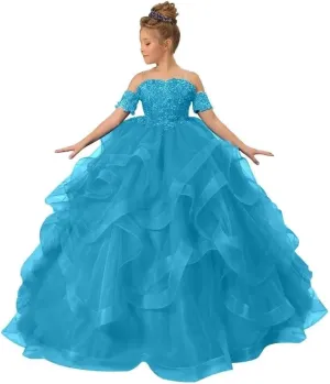 Girl’s Off Shoulder Flower Girl Dress for Wedding Beaded Princess Pageant Dresses Tulle Ruffles Ball Gowns for Girls