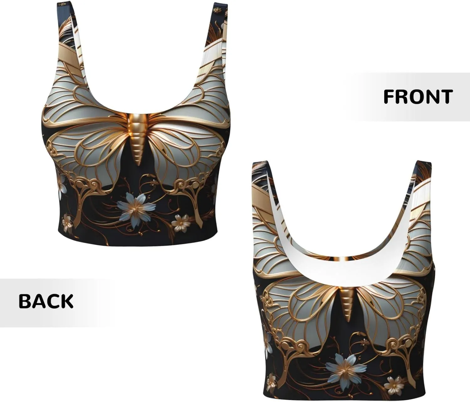 Gold White Butterflies Women's Sexy Sports Vest Sleeveless Athletic Gym T-Shirts Vest U-Shaped Back Quick Dry Top