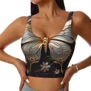 Gold White Butterflies Women's Sexy Sports Vest Sleeveless Athletic Gym T-Shirts Vest U-Shaped Back Quick Dry Top