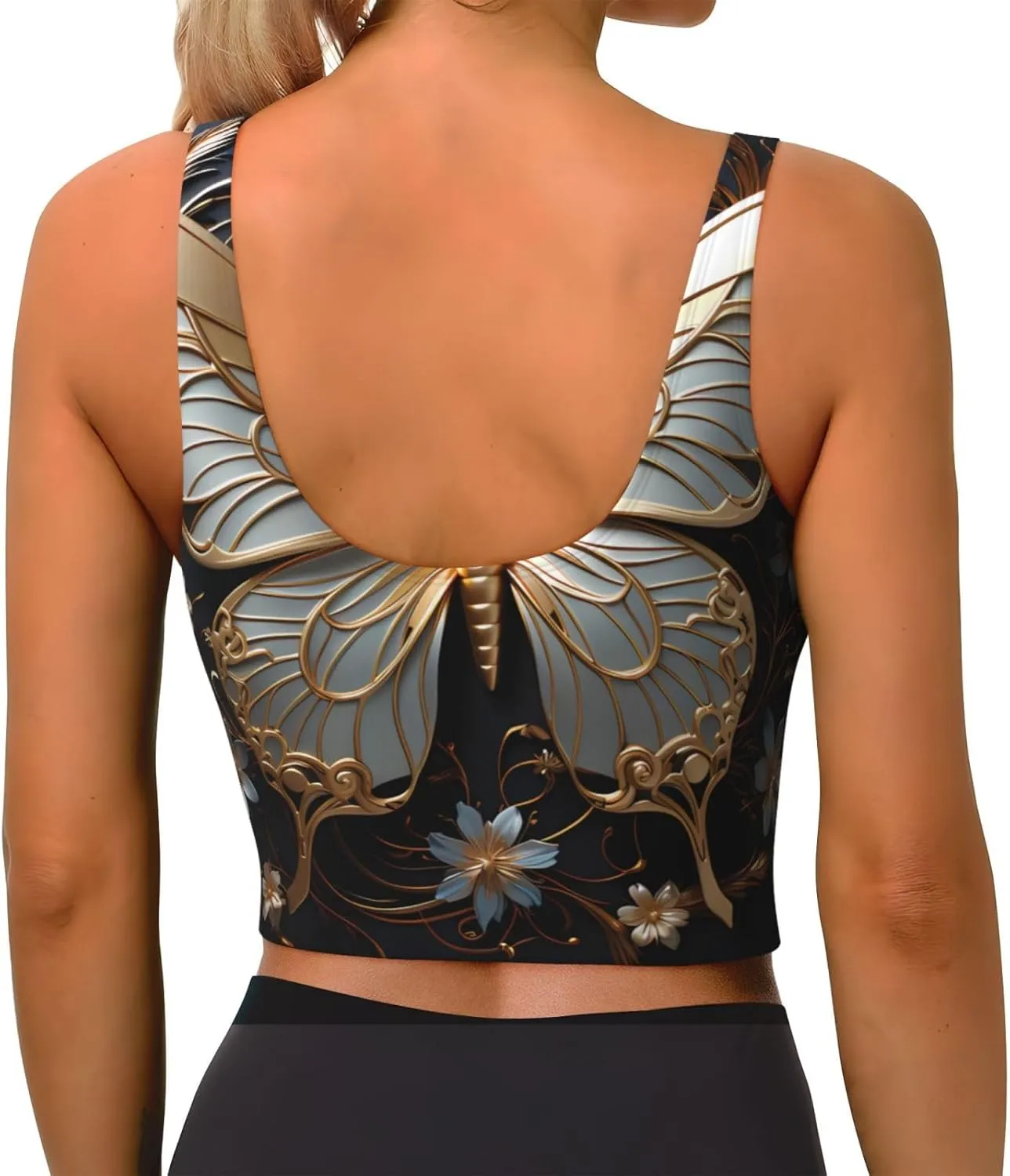 Gold White Butterflies Women's Sexy Sports Vest Sleeveless Athletic Gym T-Shirts Vest U-Shaped Back Quick Dry Top