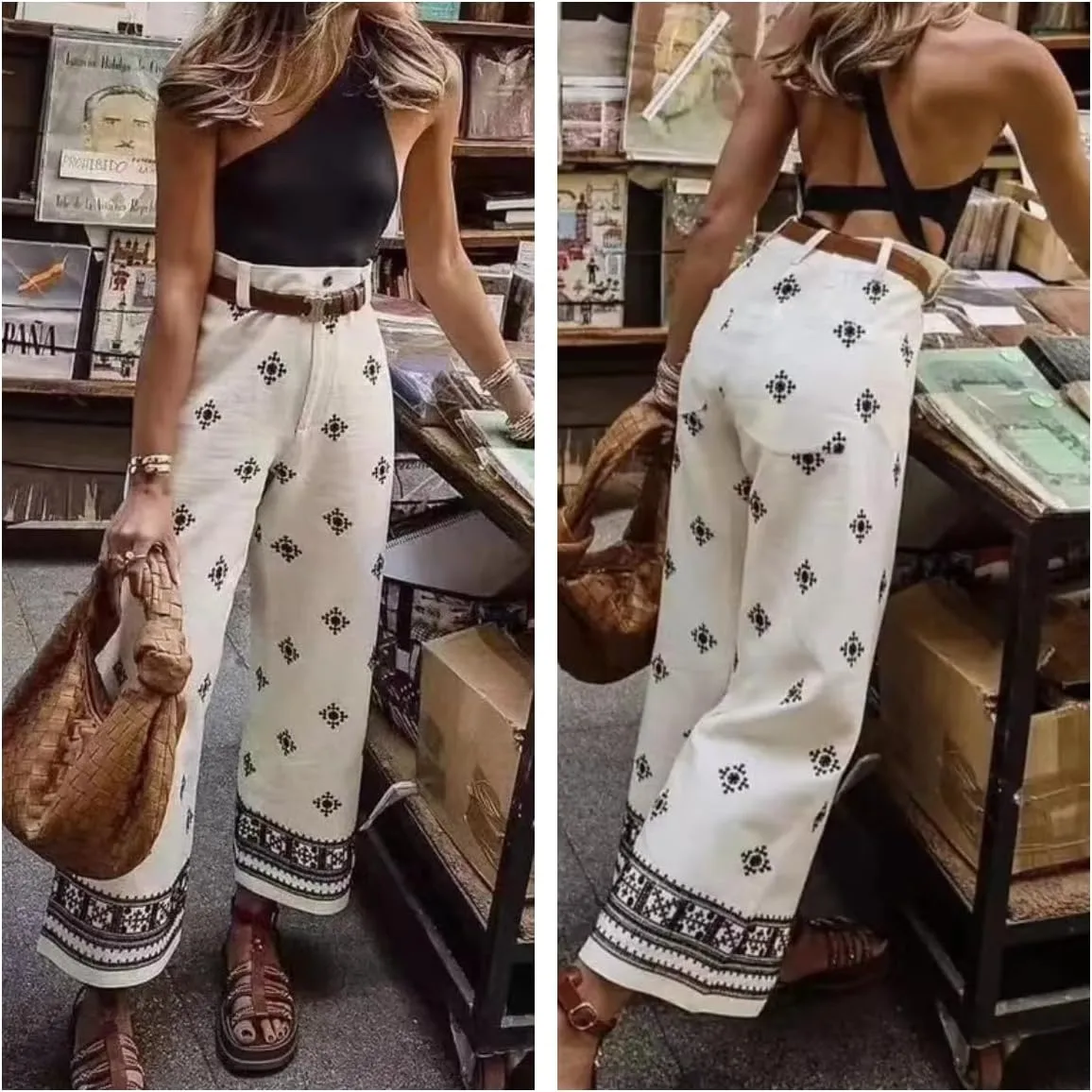 Graphic Y2k Pants Linen Pants Trousers Wide Leg Vacation Beach Summer Pants High Waisted Patterned Pants Women