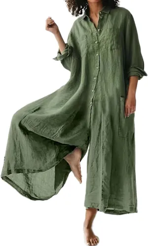 Guteidee Women's Loose Wide Leg Jumpsuits Cotton Linen Casual Summer Short Sleeve Long Pants Rompers