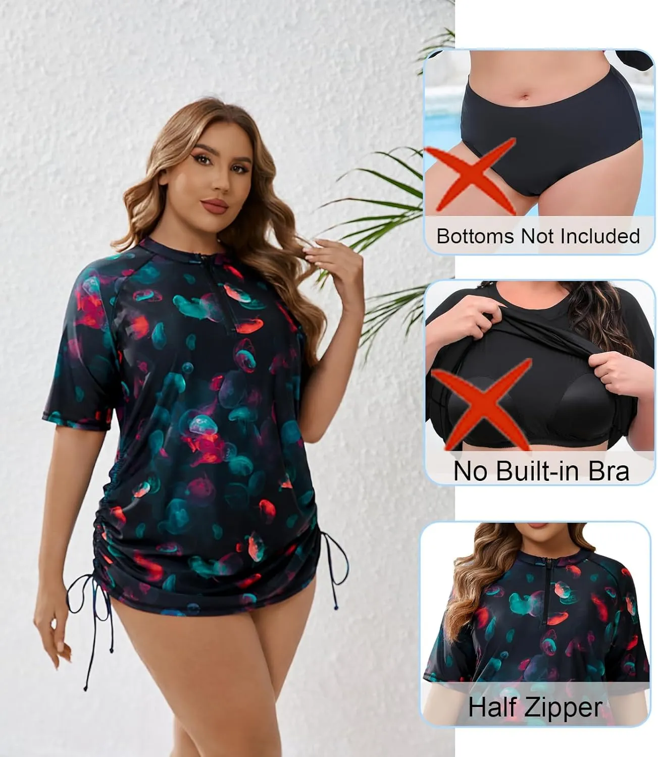 Halcurt Women's Plus Size Half Zip Short Sleeve Rash Guard Swim Top Drawstring Swim Shirt UPF50  Swimsuit