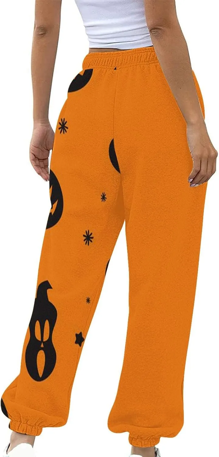 Halloween Sweatpants for Women Funny Ghost Print Workout Joggers Pants Drawstring Lounge Bottoms Pants with Pockets