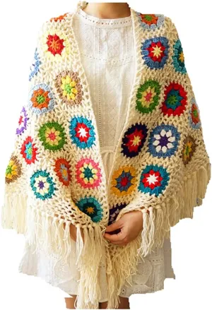 Handmade Crochet 70x34in Fringed Poncho Cape Shawls Wraps Granny Square Womens Coat Sweater
