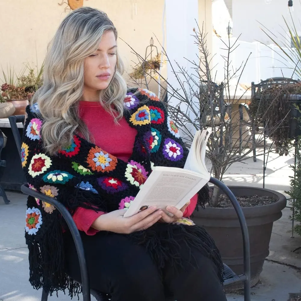 Handmade Crochet 70x34in Fringed Poncho Cape Shawls Wraps Granny Square Womens Coat Sweater