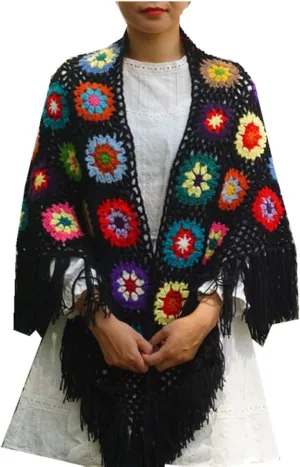 Handmade Crochet 70x34in Fringed Poncho Cape Shawls Wraps Granny Square Womens Coat Sweater