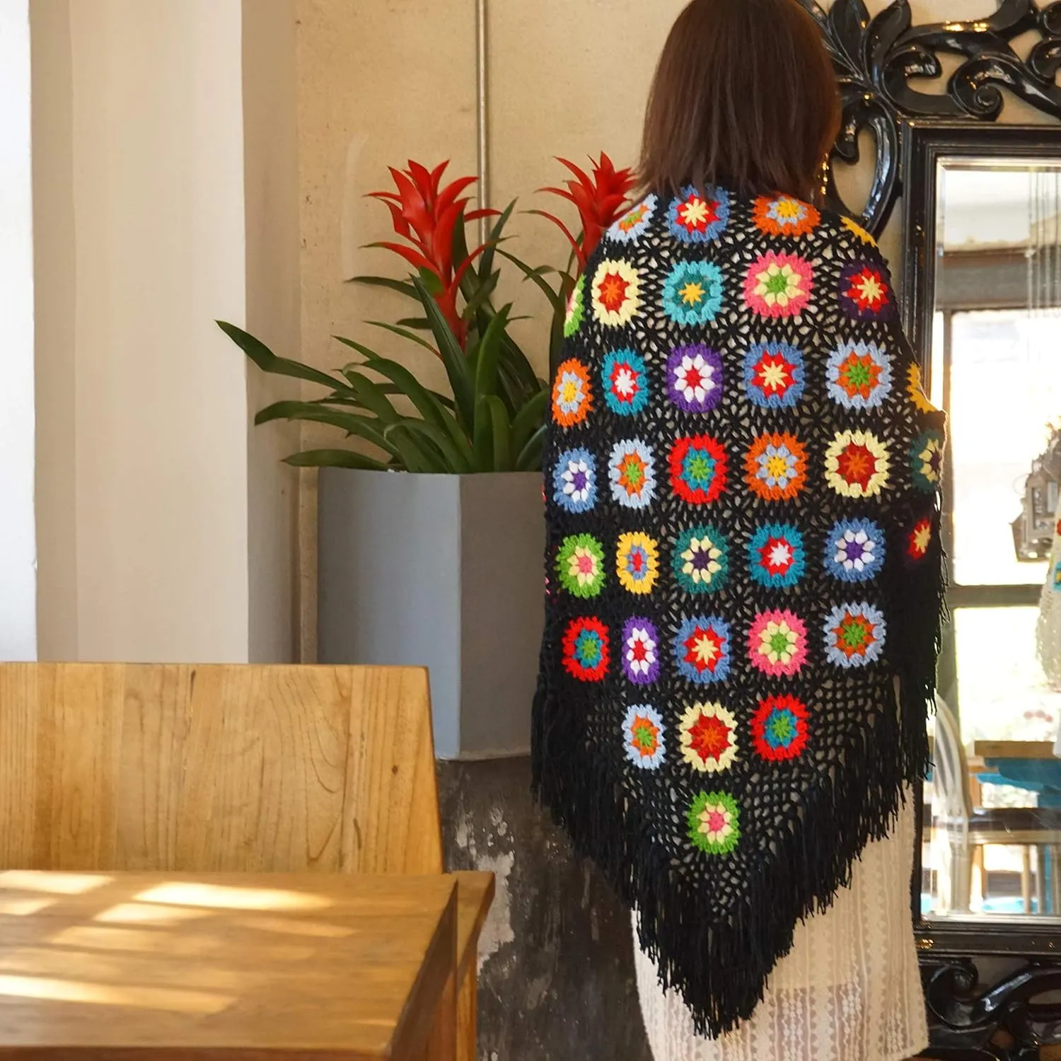Handmade Crochet 70x34in Fringed Poncho Cape Shawls Wraps Granny Square Womens Coat Sweater