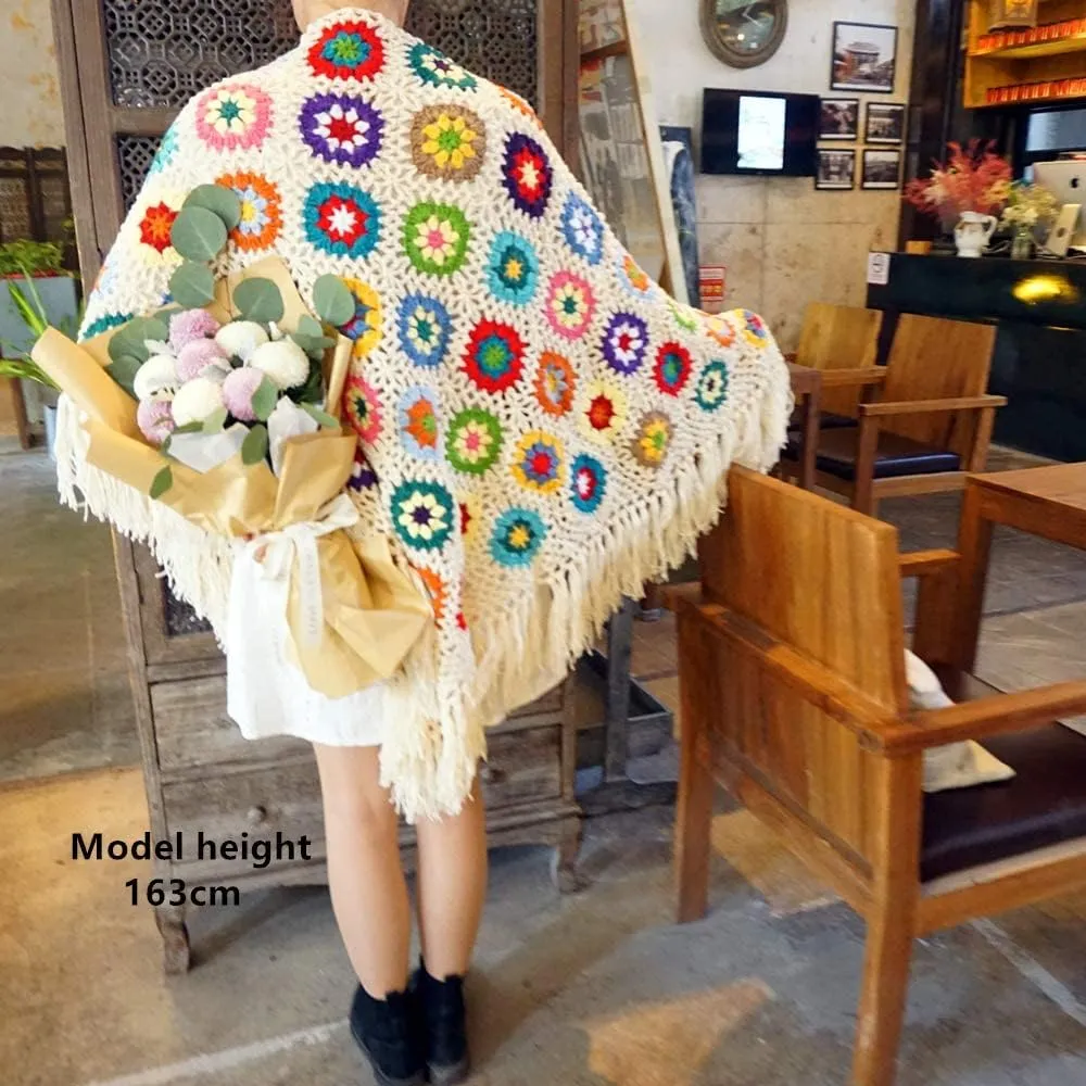 Handmade Crochet 70x34in Fringed Poncho Cape Shawls Wraps Granny Square Womens Coat Sweater