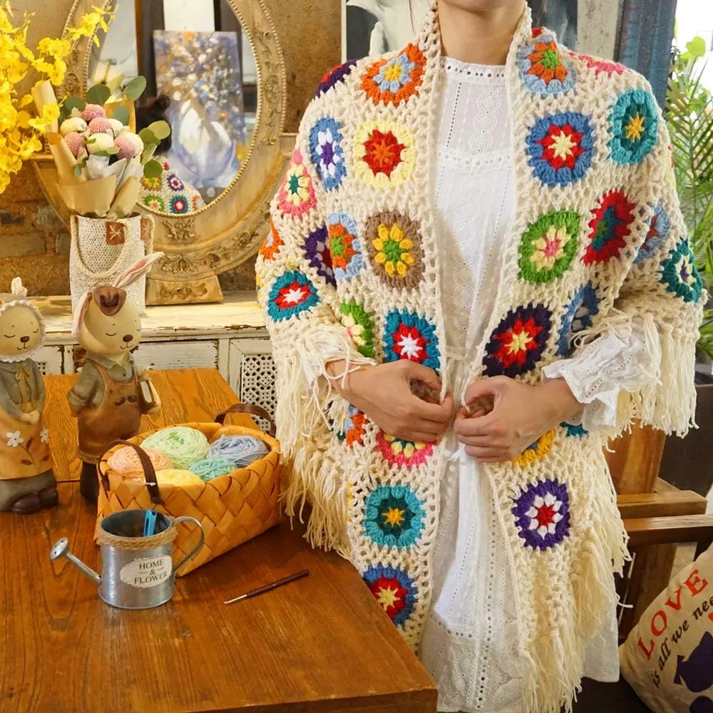 Handmade Crochet 70x34in Fringed Poncho Cape Shawls Wraps Granny Square Womens Coat Sweater