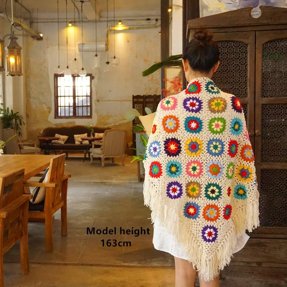 Handmade Crochet 70x34in Fringed Poncho Cape Shawls Wraps Granny Square Womens Coat Sweater
