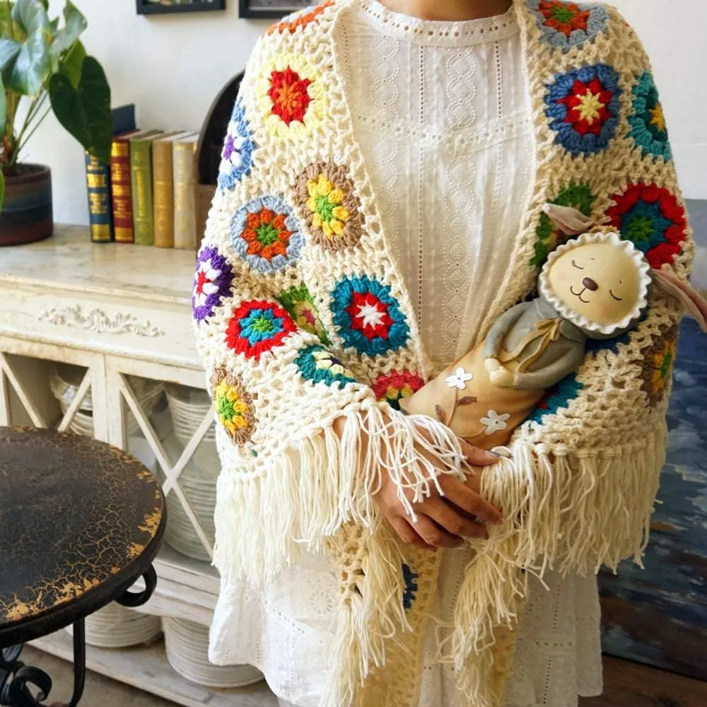 Handmade Crochet 70x34in Fringed Poncho Cape Shawls Wraps Granny Square Womens Coat Sweater