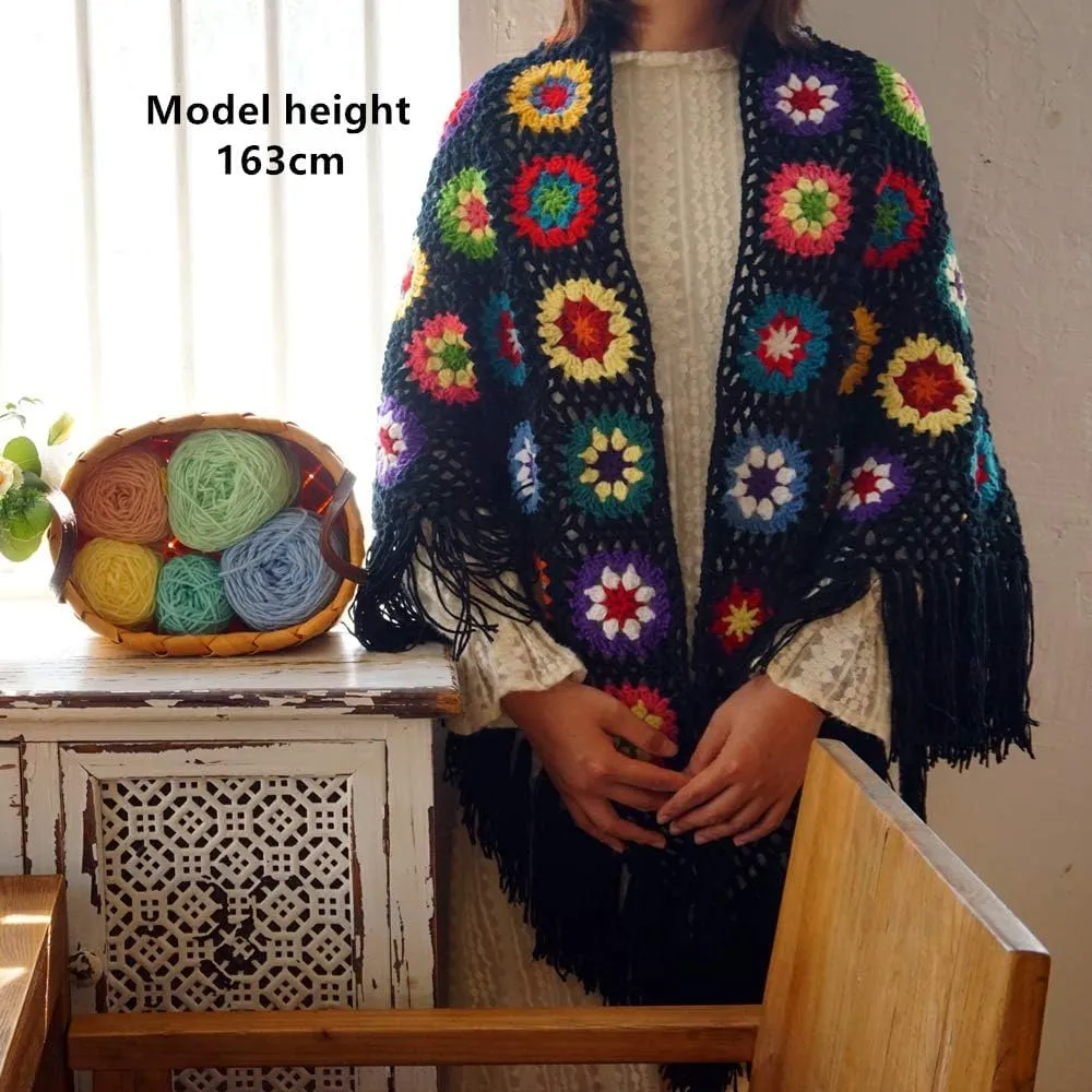 Handmade Crochet 70x34in Fringed Poncho Cape Shawls Wraps Granny Square Womens Coat Sweater