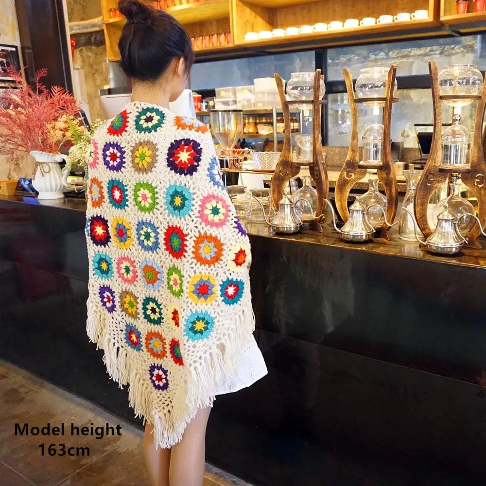 Handmade Crochet 70x34in Fringed Poncho Cape Shawls Wraps Granny Square Womens Coat Sweater