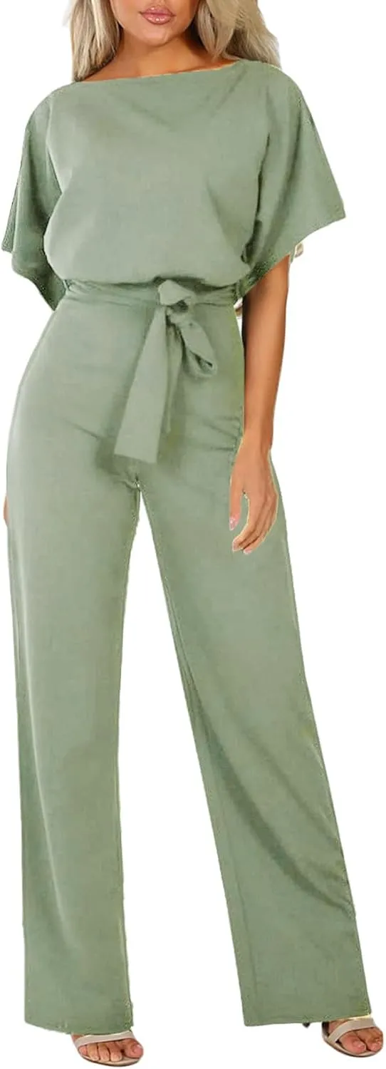 Happy Sailed Womens Loose Short Sleeve Belted Wide Leg Pant Romper Jumpsuit Business Casual One Piece Outfits