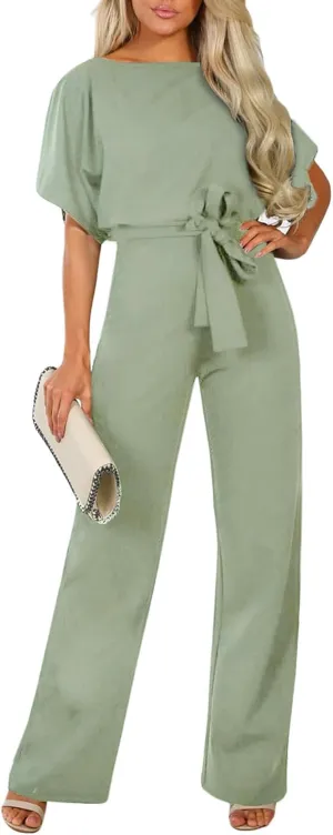 Happy Sailed Womens Loose Short Sleeve Belted Wide Leg Pant Romper Jumpsuit Business Casual One Piece Outfits