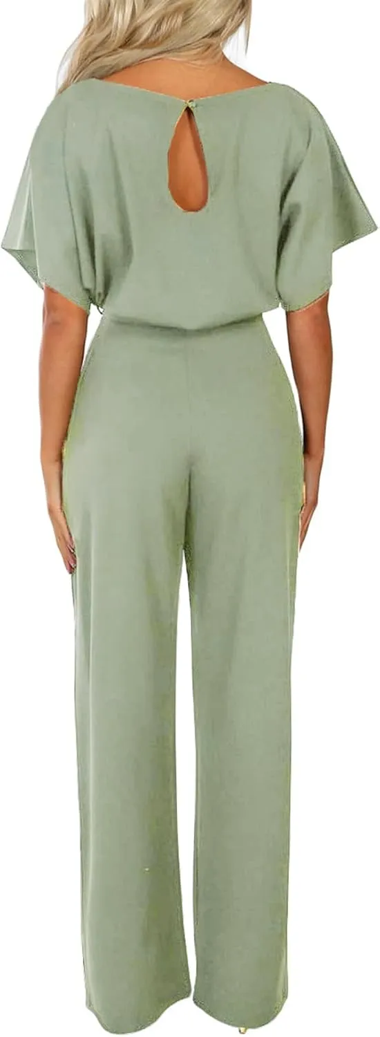 Happy Sailed Womens Loose Short Sleeve Belted Wide Leg Pant Romper Jumpsuit Business Casual One Piece Outfits