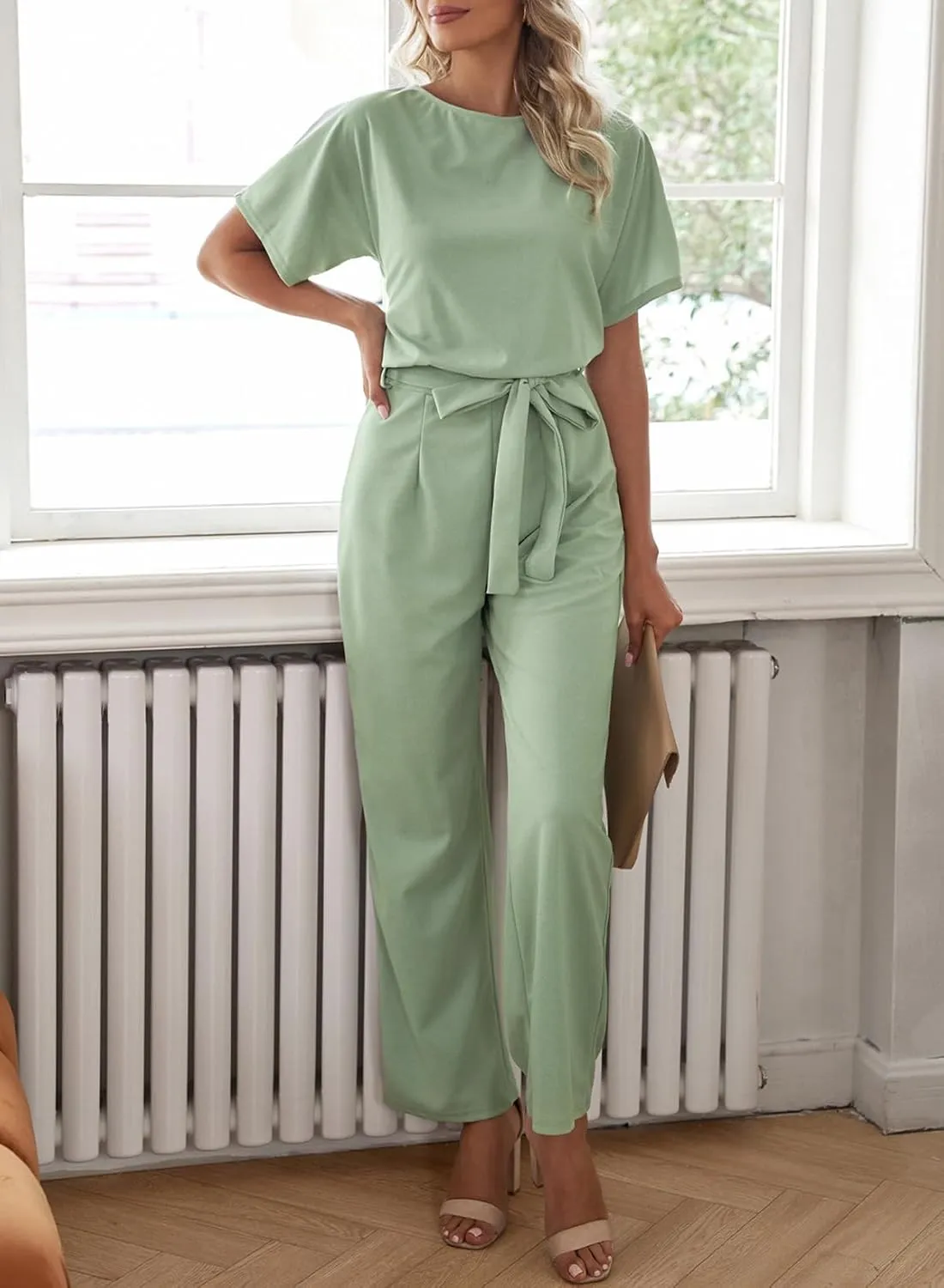 Happy Sailed Womens Loose Short Sleeve Belted Wide Leg Pant Romper Jumpsuit Business Casual One Piece Outfits