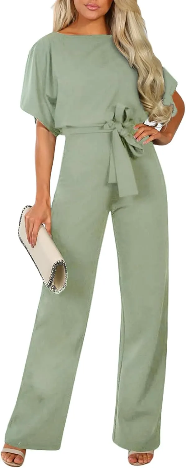 Happy Sailed Womens Loose Short Sleeve Belted Wide Leg Pant Romper Jumpsuit Business Casual One Piece Outfits