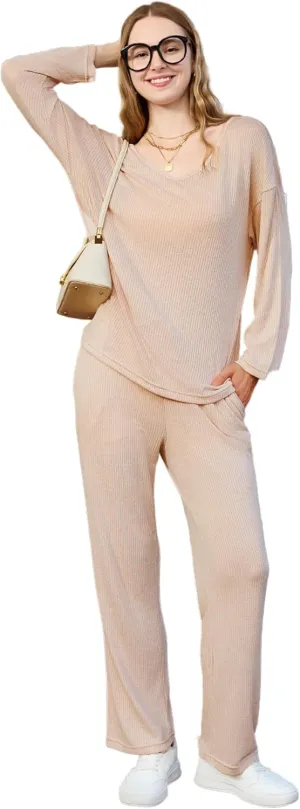 HEARTNICE Womens Ribbed Knit Pajamas Set Soft Lounge V Neck Pjs Casual Sleepwear 2 Piece Long Sleeve Outfits