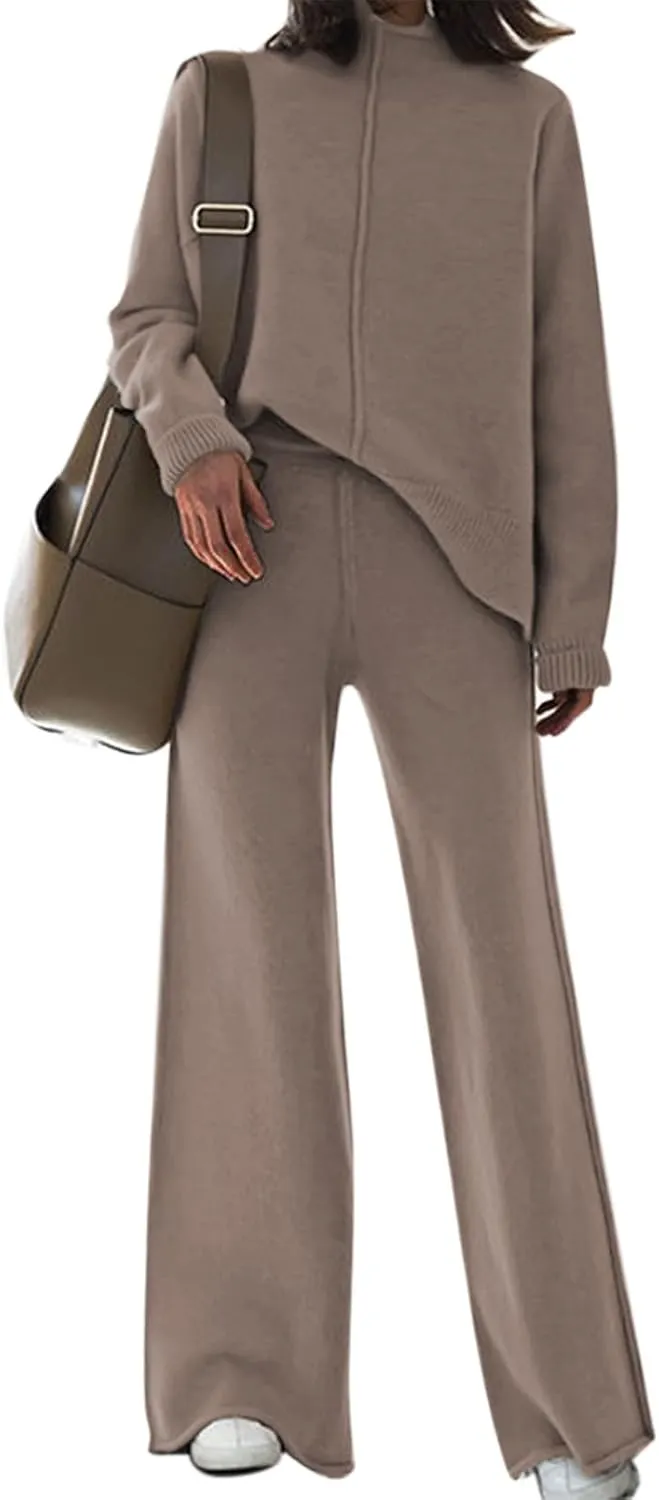 HUUSA Women's 2 Piece Sweatsuit Outfits Long Sleeve High Neck Knit Pullover Sweater Top High Waist Wide Legs Pants Lounge Set