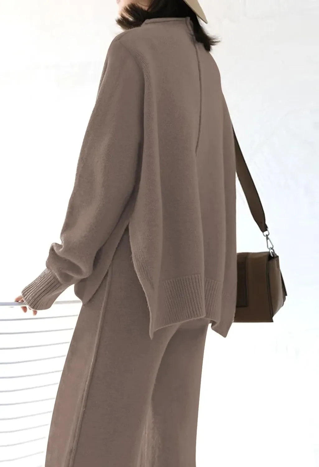 HUUSA Women's 2 Piece Sweatsuit Outfits Long Sleeve High Neck Knit Pullover Sweater Top High Waist Wide Legs Pants Lounge Set