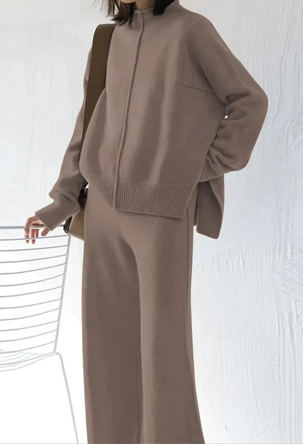 HUUSA Women's 2 Piece Sweatsuit Outfits Long Sleeve High Neck Knit Pullover Sweater Top High Waist Wide Legs Pants Lounge Set