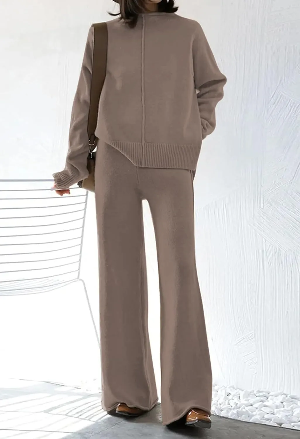 HUUSA Women's 2 Piece Sweatsuit Outfits Long Sleeve High Neck Knit Pullover Sweater Top High Waist Wide Legs Pants Lounge Set