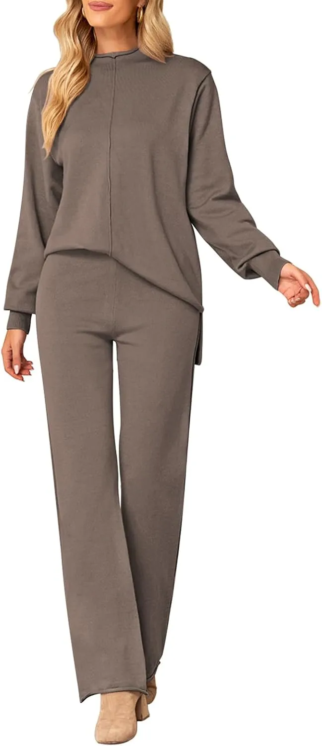 HUUSA Women's 2 Piece Sweatsuit Outfits Long Sleeve High Neck Knit Pullover Sweater Top High Waist Wide Legs Pants Lounge Set