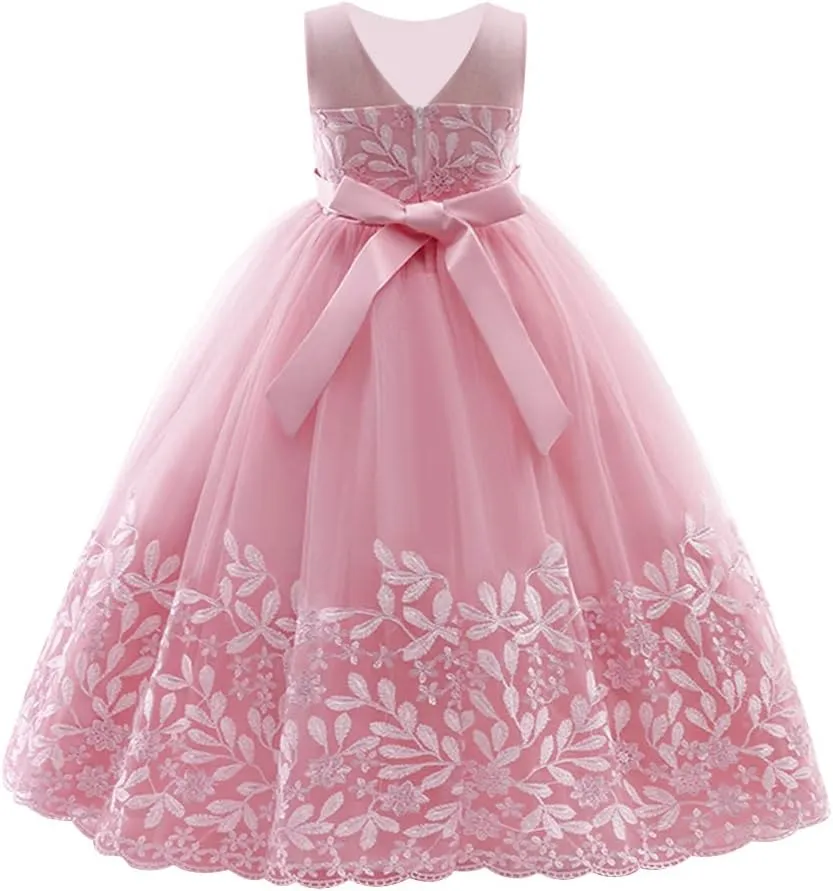 IBTOM CASTLE Flower Girl Pageant Embroidery Lace Tulle Dress for Kids Wedding Bridesmaid Birthday Party Formal Princess Gown