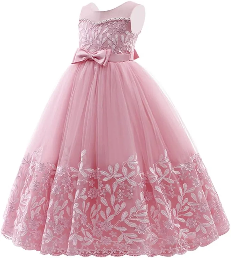 IBTOM CASTLE Flower Girl Pageant Embroidery Lace Tulle Dress for Kids Wedding Bridesmaid Birthday Party Formal Princess Gown