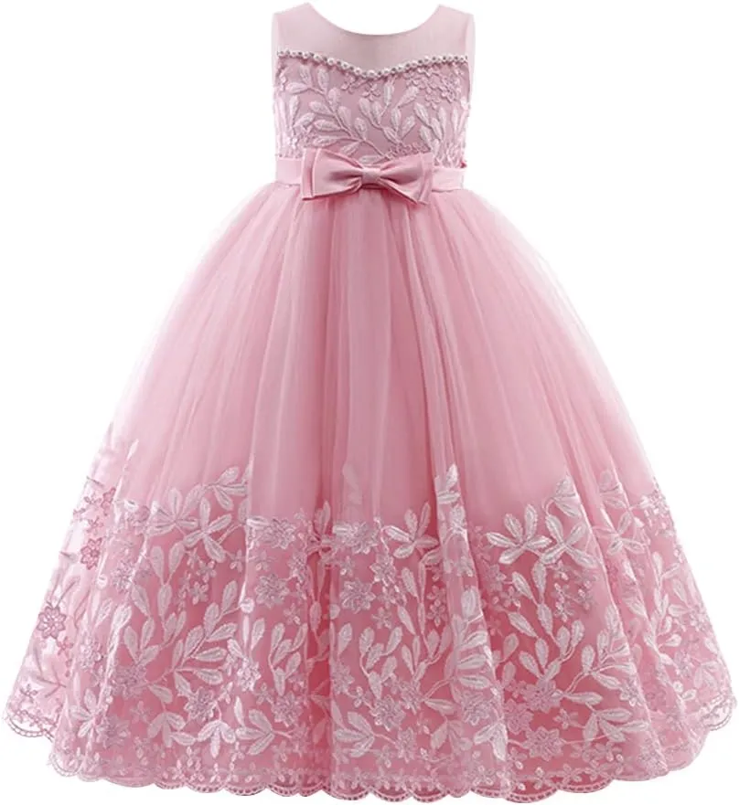 IBTOM CASTLE Flower Girl Pageant Embroidery Lace Tulle Dress for Kids Wedding Bridesmaid Birthday Party Formal Princess Gown